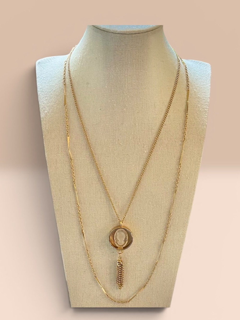 Vintage Glass Intaglio Tassel Pendant Necklace